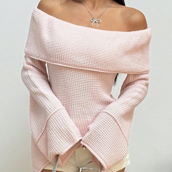 Sweaters - Pink Casual Women's Solid Color Off-Shoulder Flared Sleeve Loose Sweater